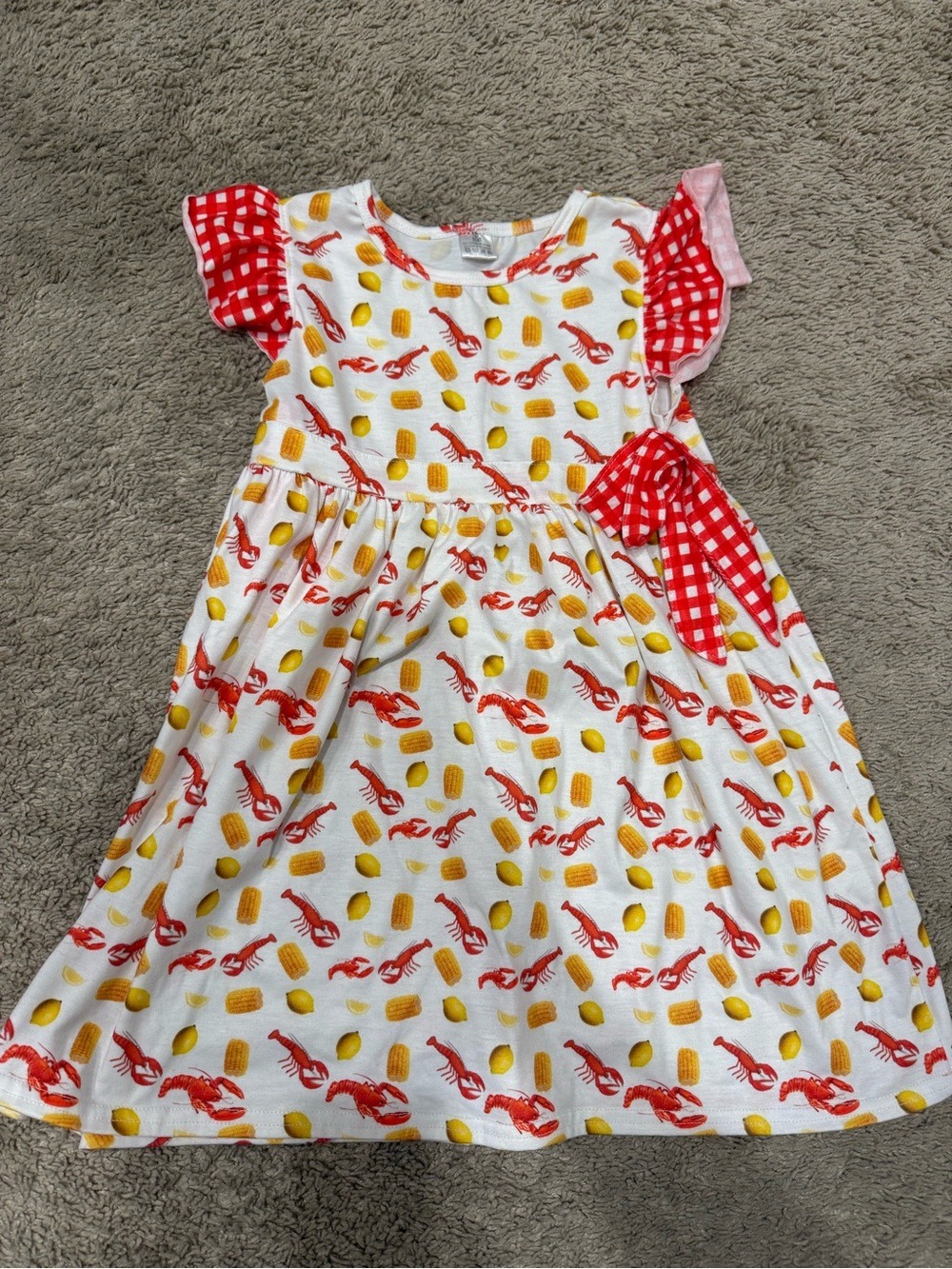 Girls Crawfish Boil Print Dress Red Gingham Flutter Sleeves Size 5T-6T